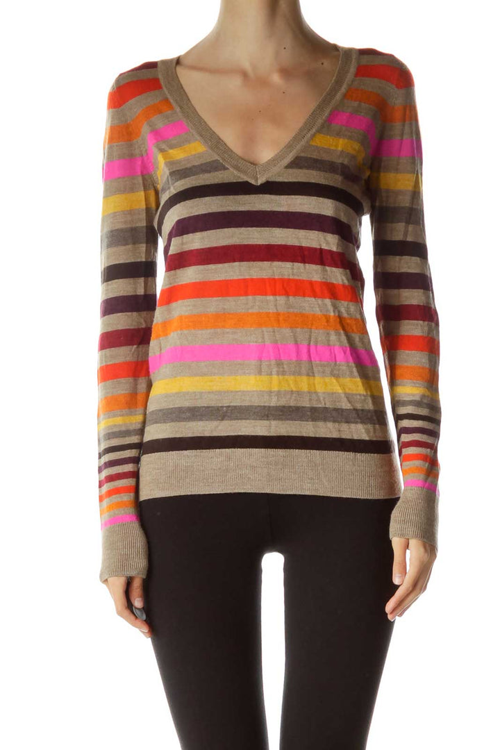 Brown Multicolor Striped Merino Wool Sweater