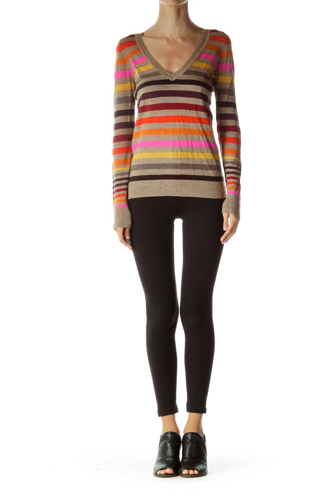 Brown Multicolor Striped Merino Wool Sweater