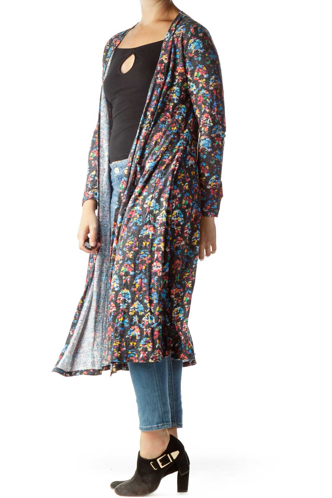 Black Multicolor Long Printed Vest