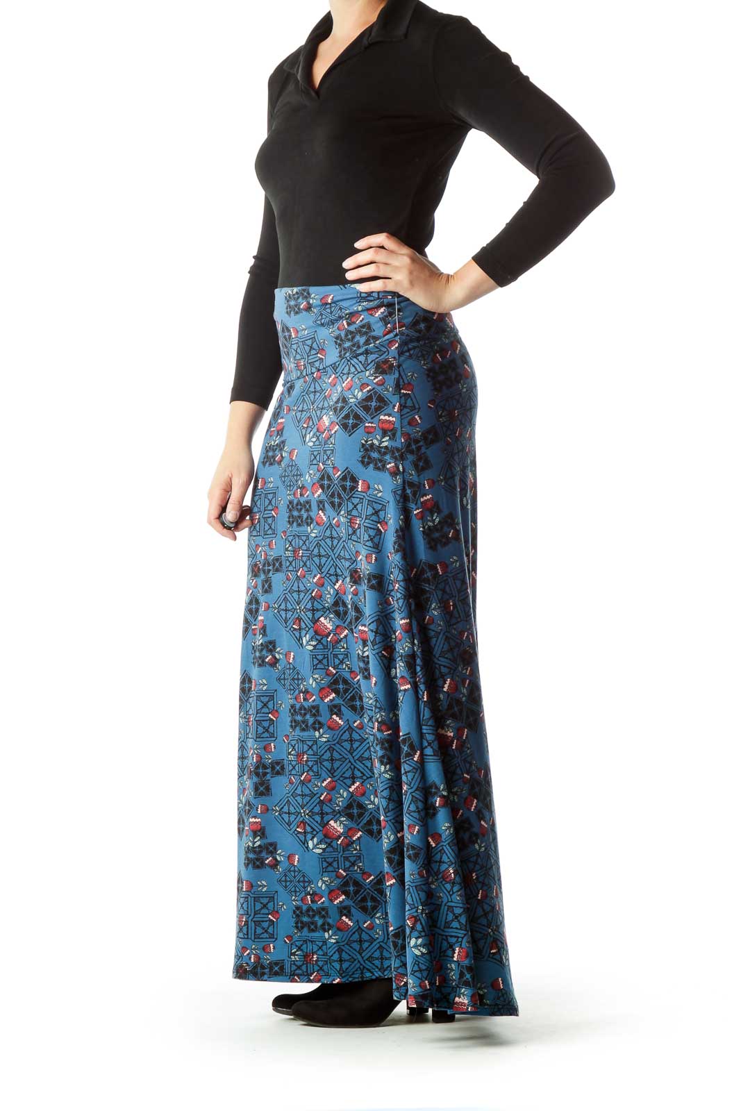 Blue Black Floral Maxi Skirt