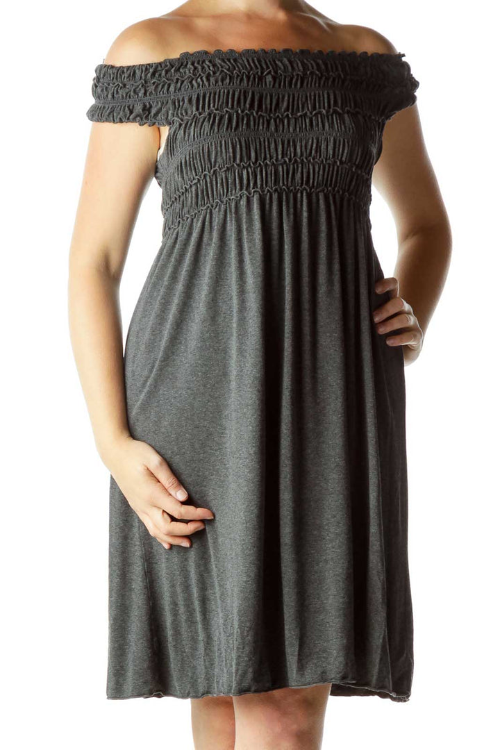 Gray Scrunched Off-the-Shoulder Day Dress