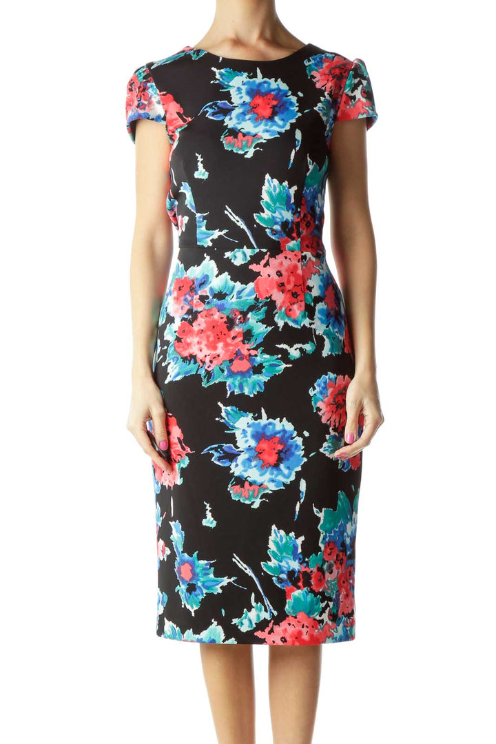 Black Pink Floral Work Dress