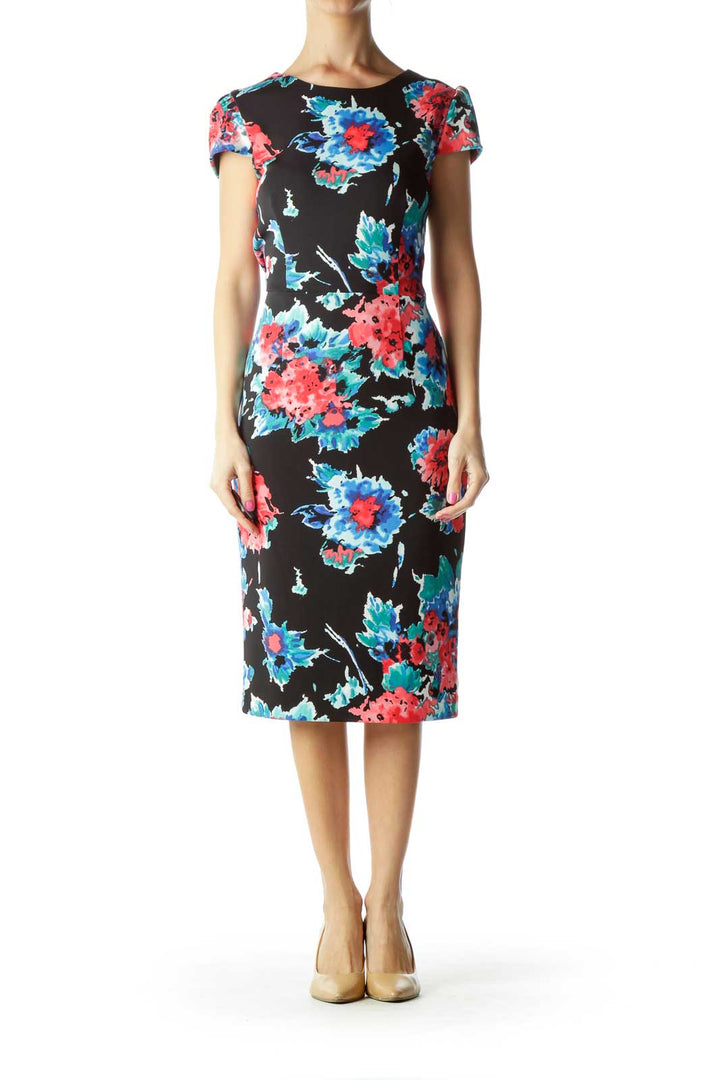 Black Pink Floral Work Dress