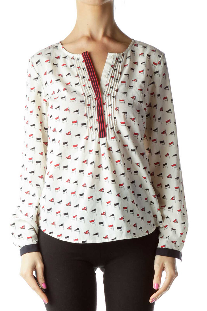 Cream Red Flag Print Blouse