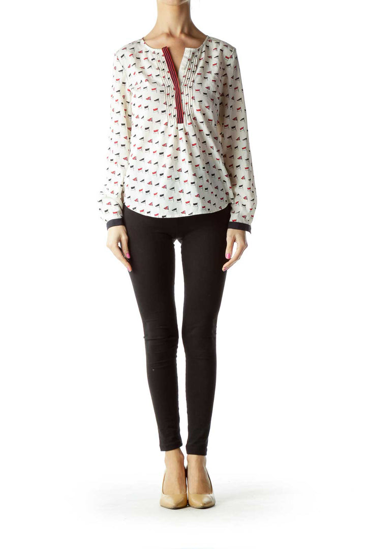 Cream Red Flag Print Blouse