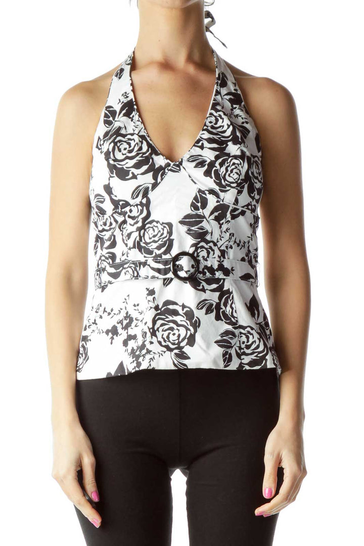 White Black Belted Flower Print Halter