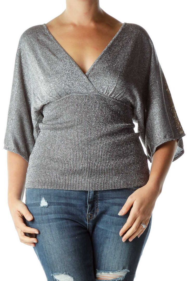 Silver Metallic V-Neck Banded Top