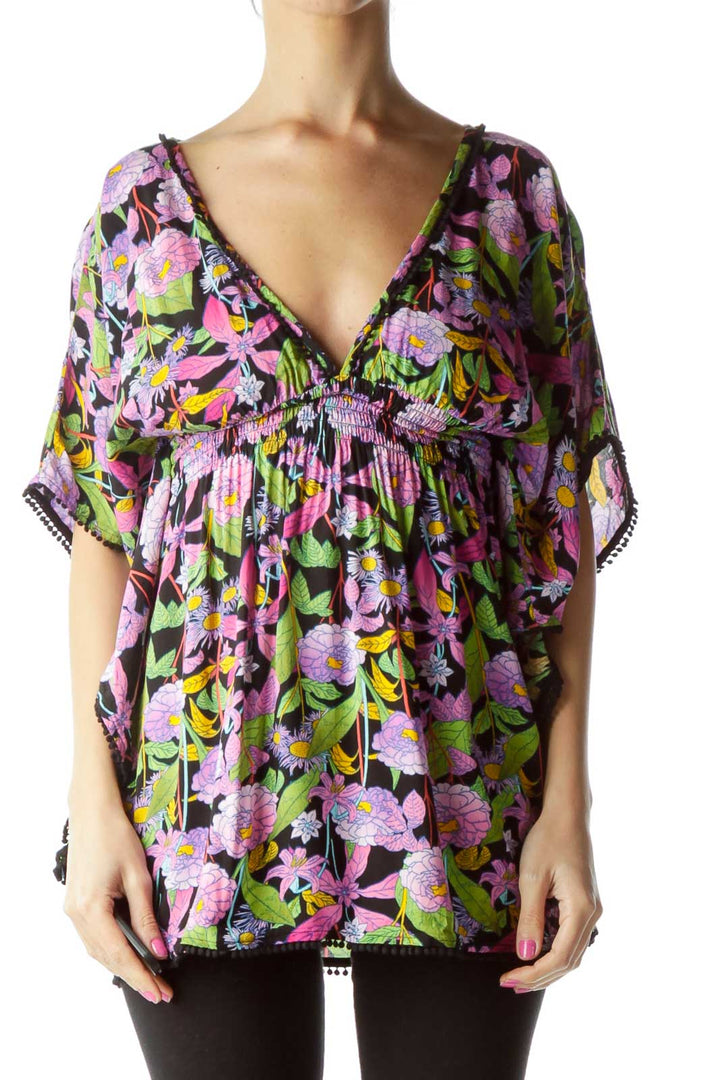 Purple Green Flower Print Blouse