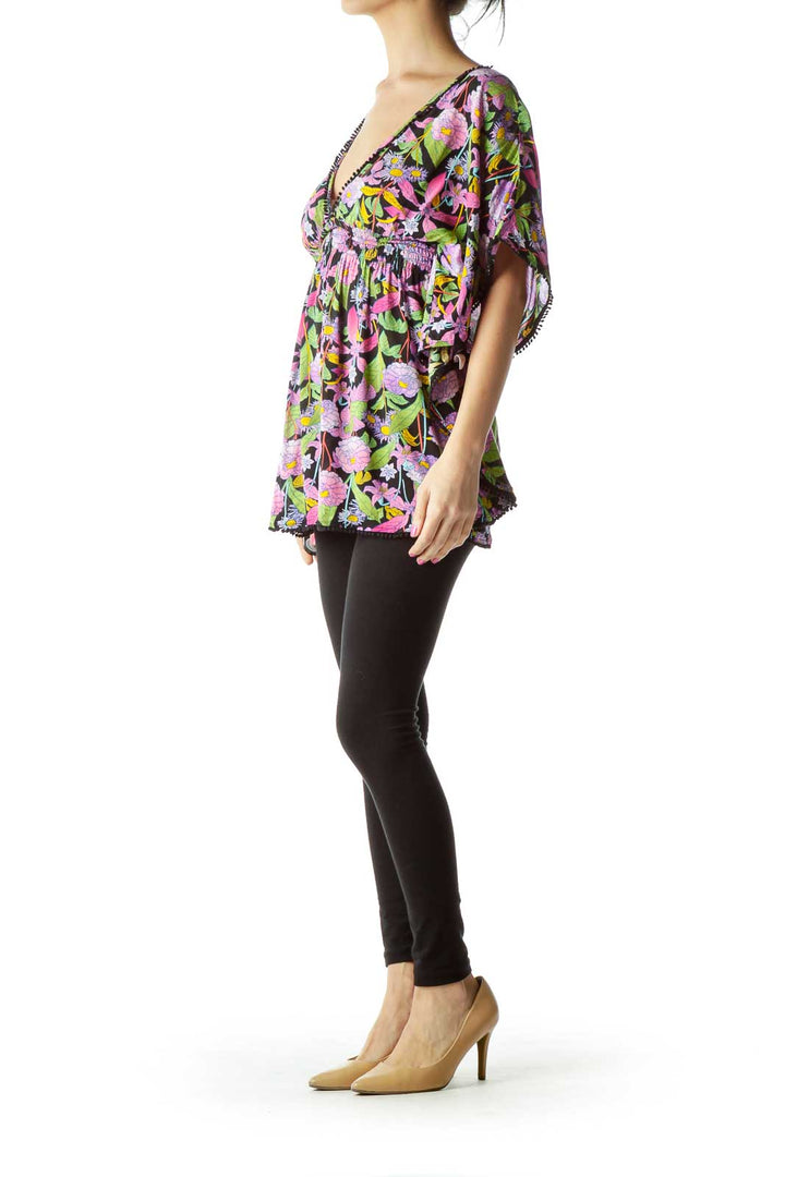 Purple Green Flower Print Blouse