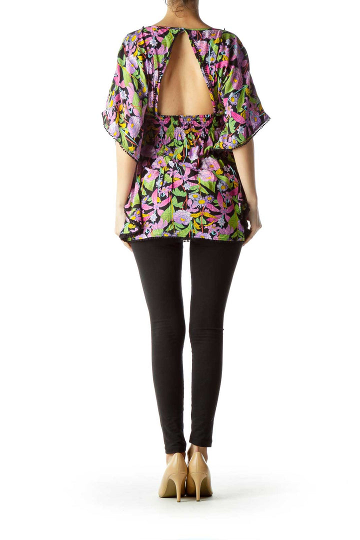 Purple Green Flower Print Blouse