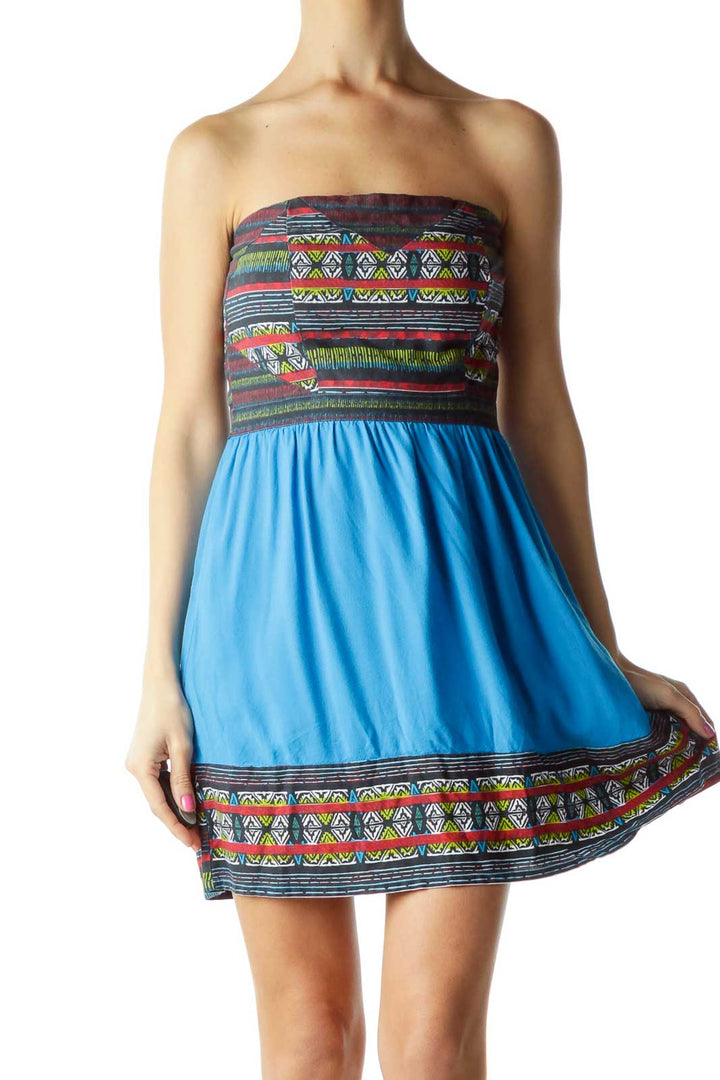 Blue Red Tribal Print Strapless Day Dress