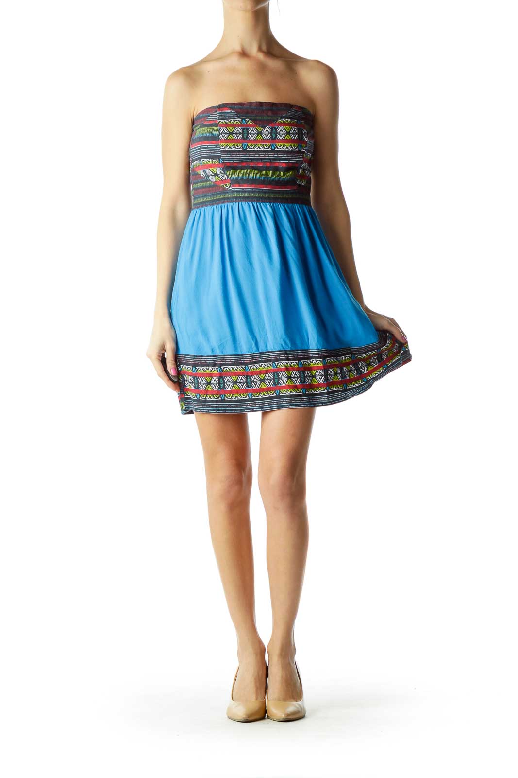 Blue Red Tribal Print Strapless Day Dress