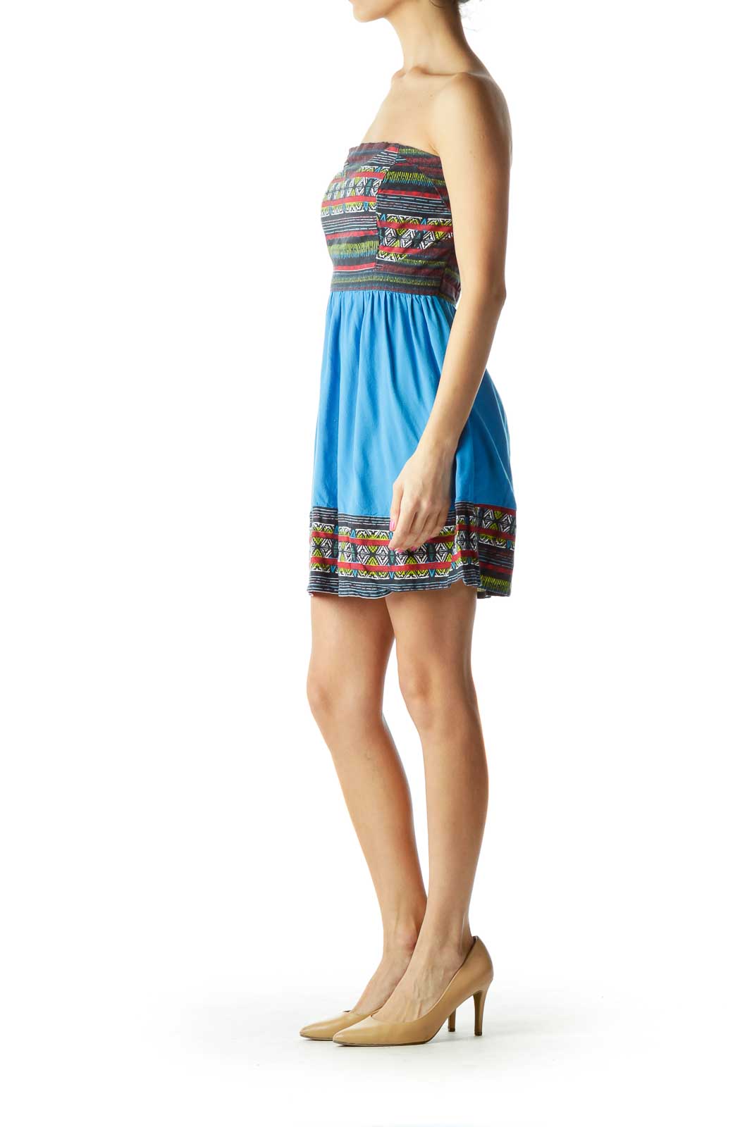 Blue Red Tribal Print Strapless Day Dress