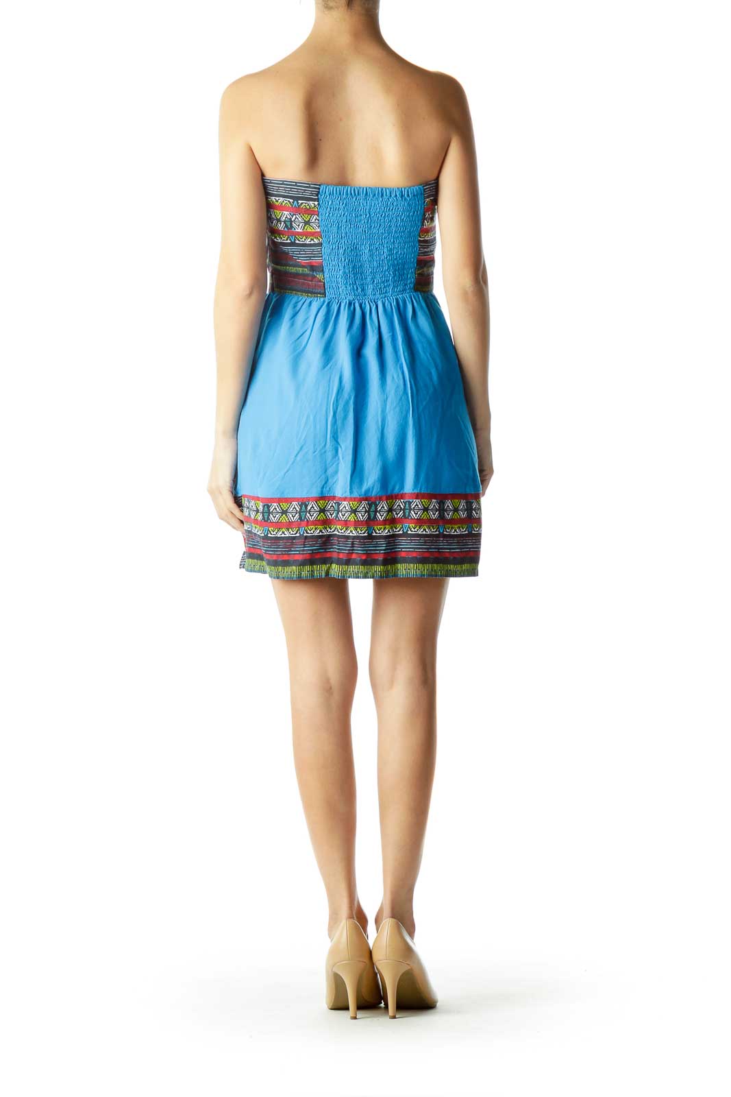 Blue Red Tribal Print Strapless Day Dress