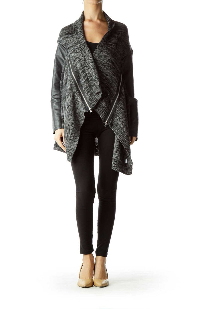 Gray Black Knit Faux-Leather Zippered Sweater