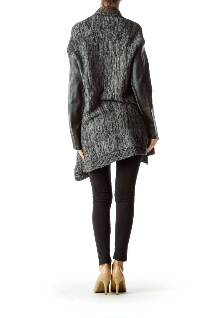 Gray Black Knit Faux-Leather Zippered Sweater