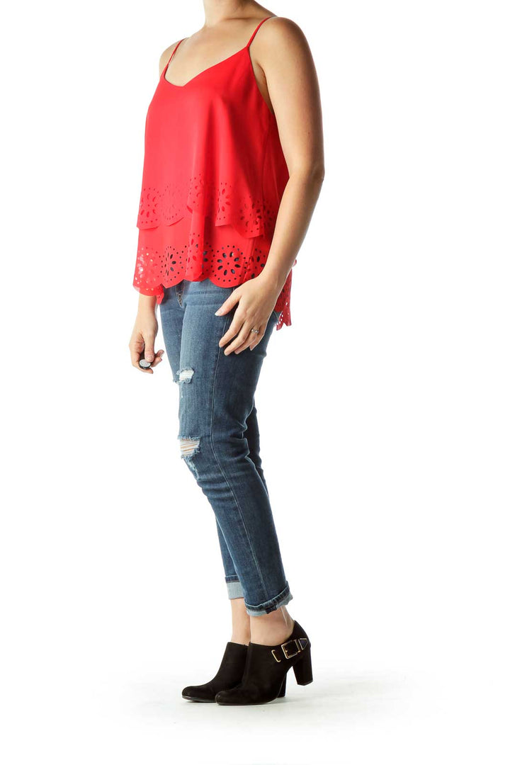 Red Eyelet Peplum Tank Top