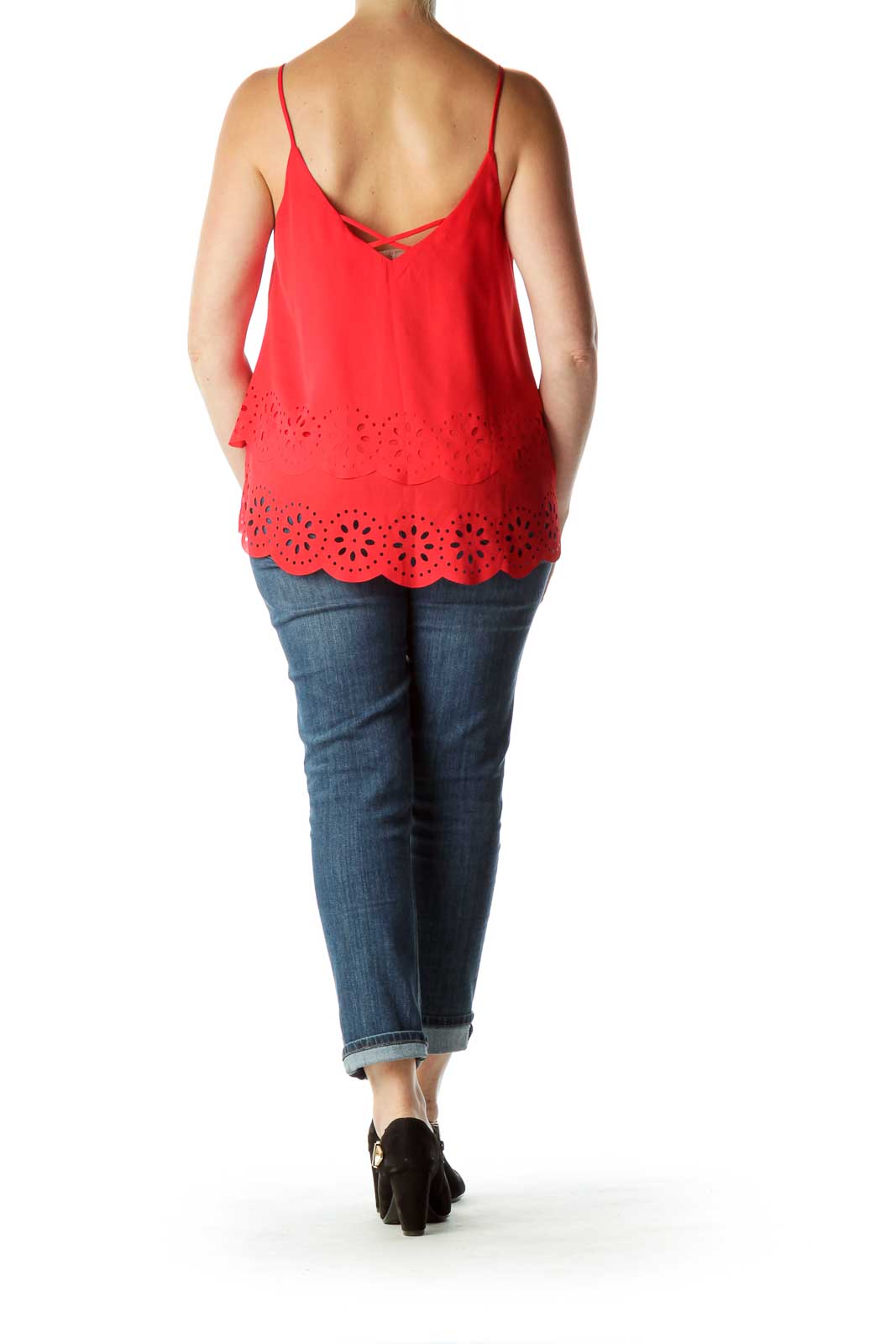 Red Eyelet Peplum Tank Top