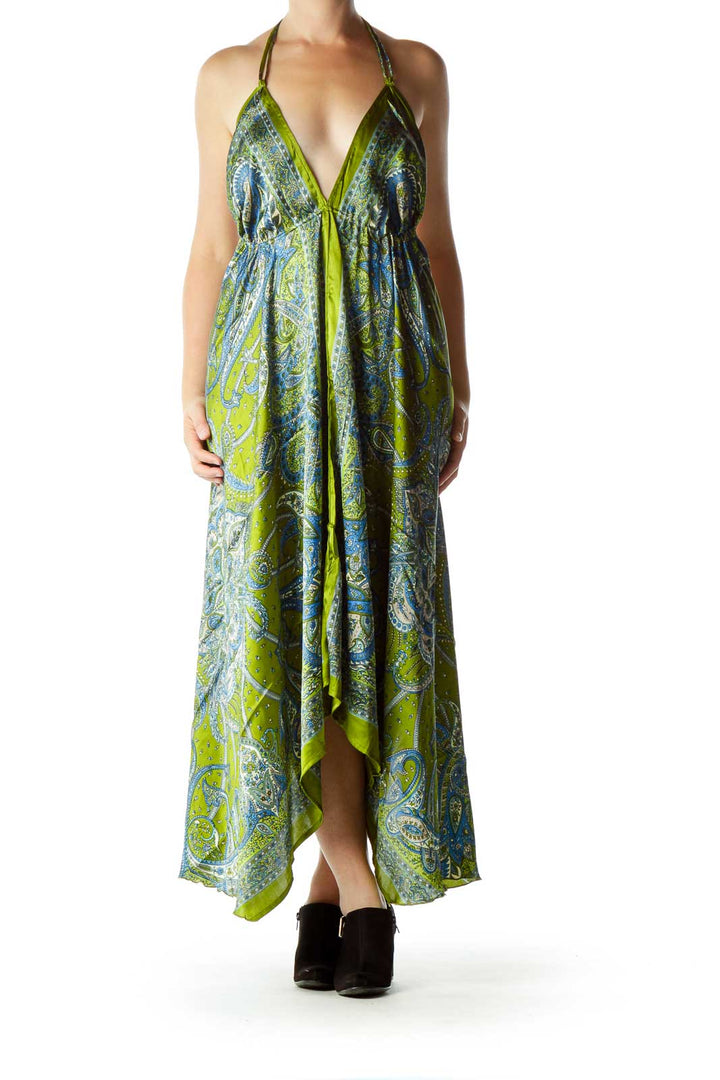 Green Blue Paisley Satin Halter Dress