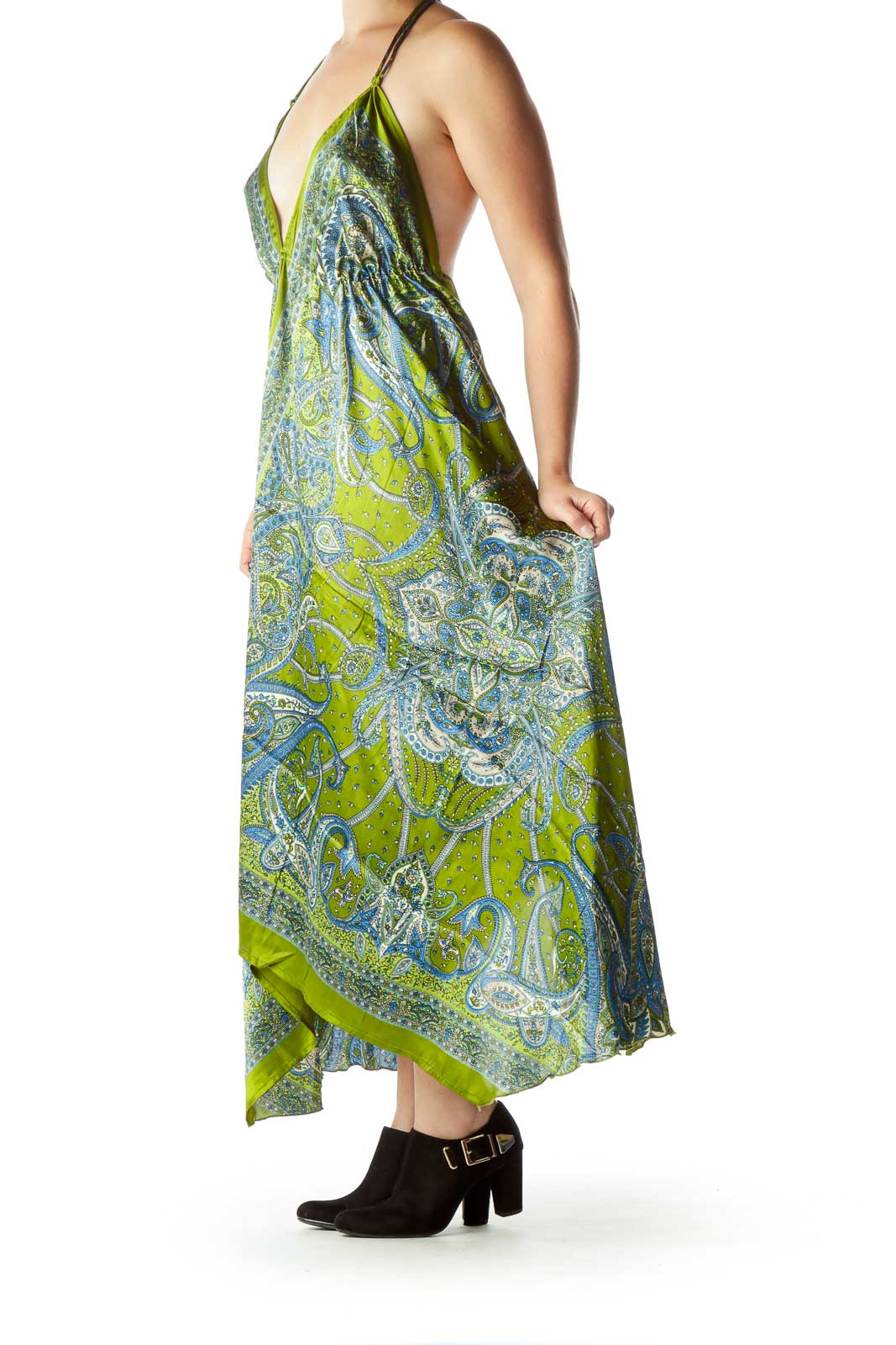 Green Blue Paisley Satin Halter Dress