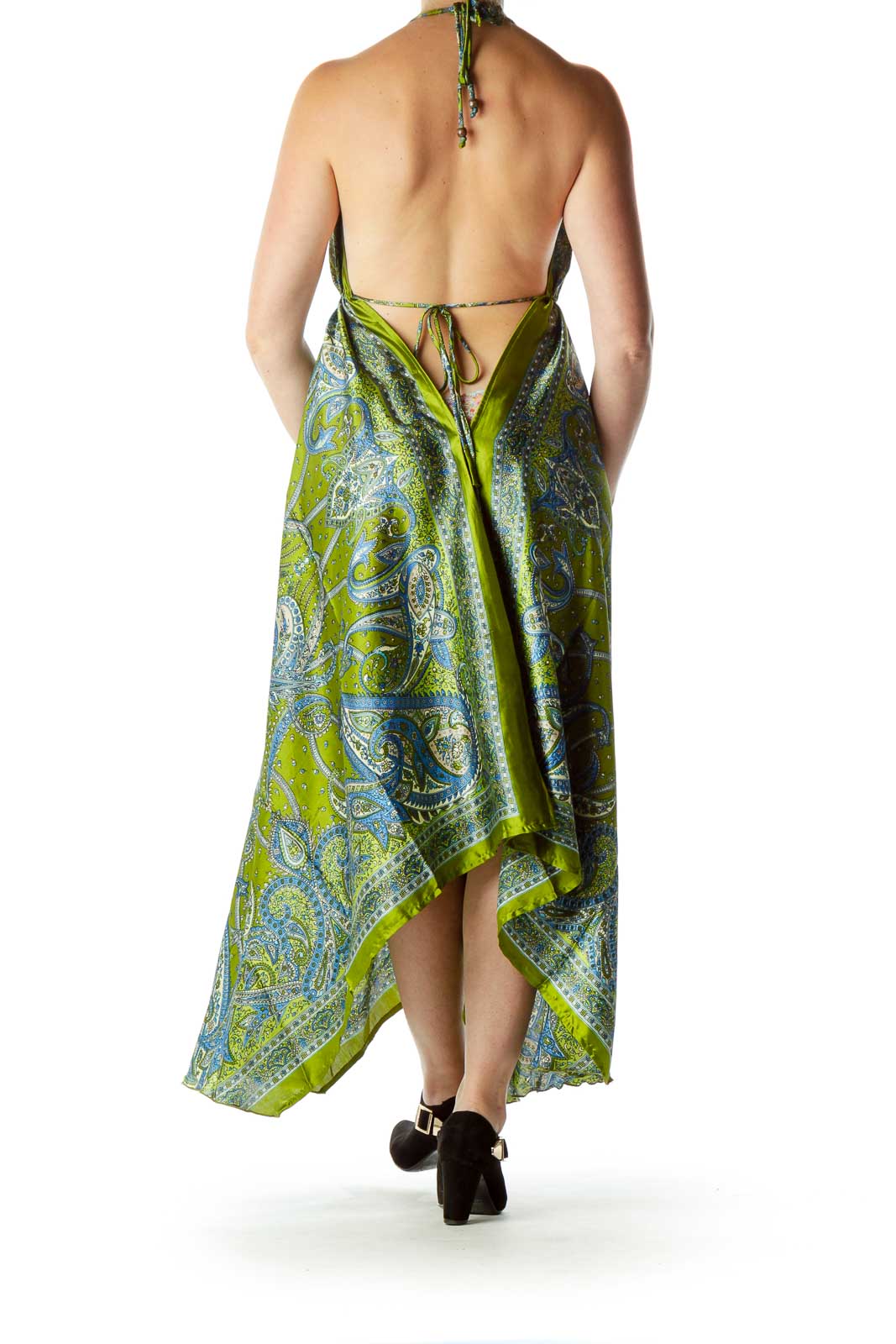 Green Blue Paisley Satin Halter Dress