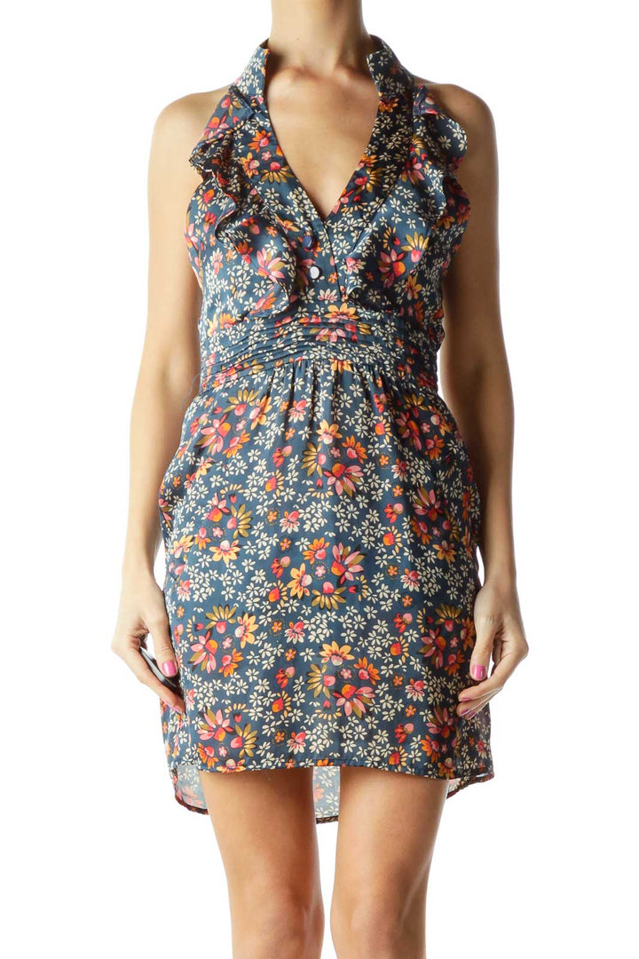 Blue Flower Print High Neck Day Dress