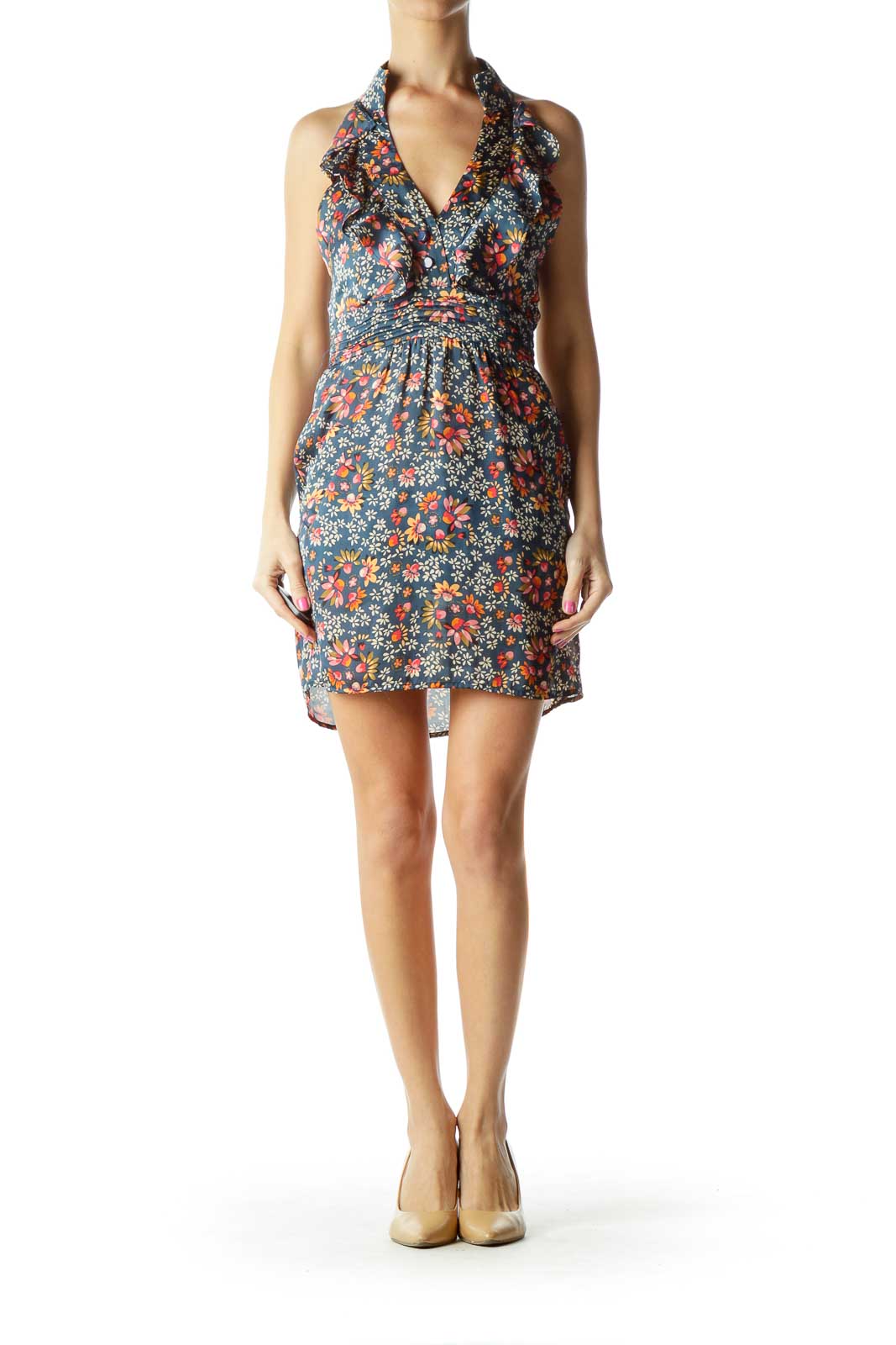 Blue Flower Print High Neck Day Dress