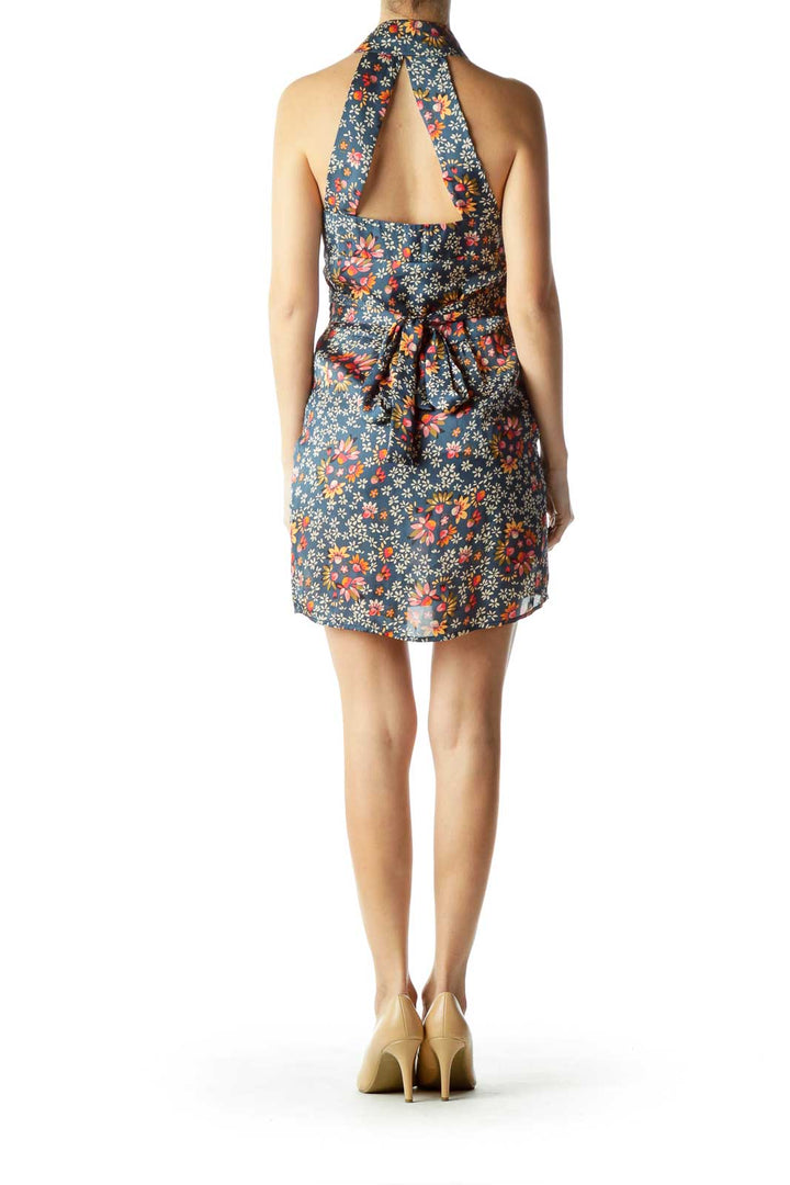 Blue Flower Print High Neck Day Dress