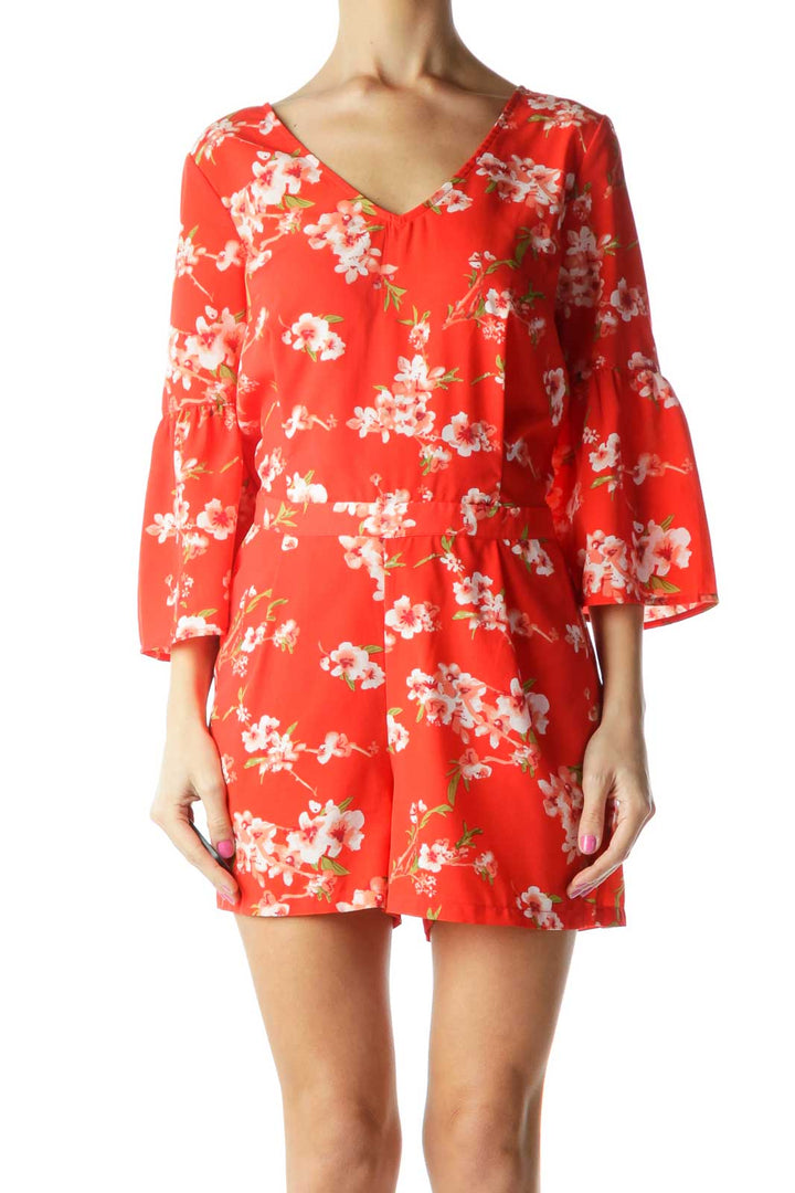 Orange Flower Print Bell Sleeve Romper