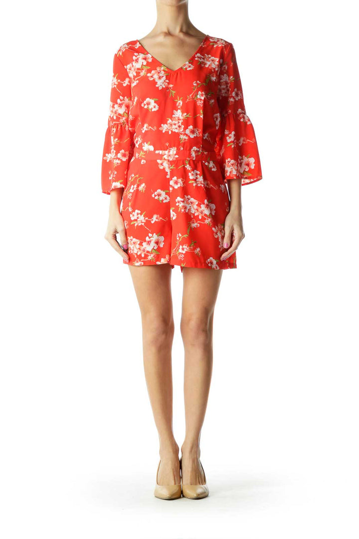 Orange Flower Print Bell Sleeve Romper