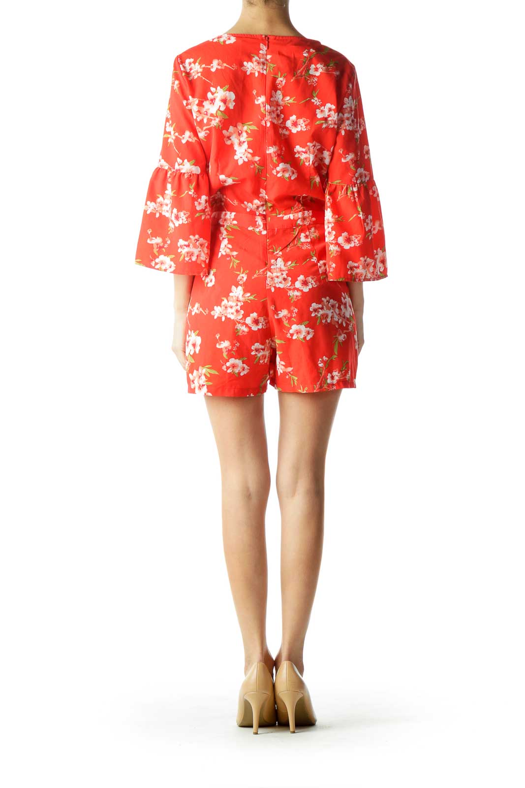 Orange Flower Print Bell Sleeve Romper