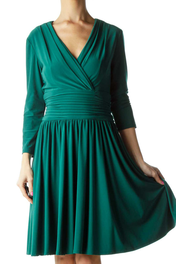 Green Scrunch Waist V-neck Dress