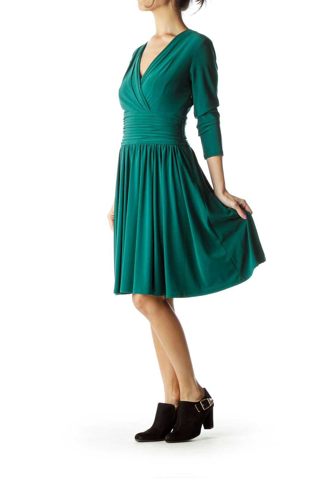 Green Scrunch Waist V-neck Dress