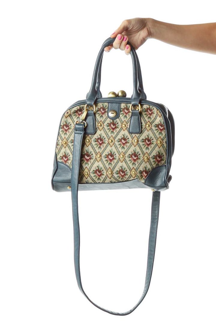 Blue Floral Woven Leather Trim Satchel