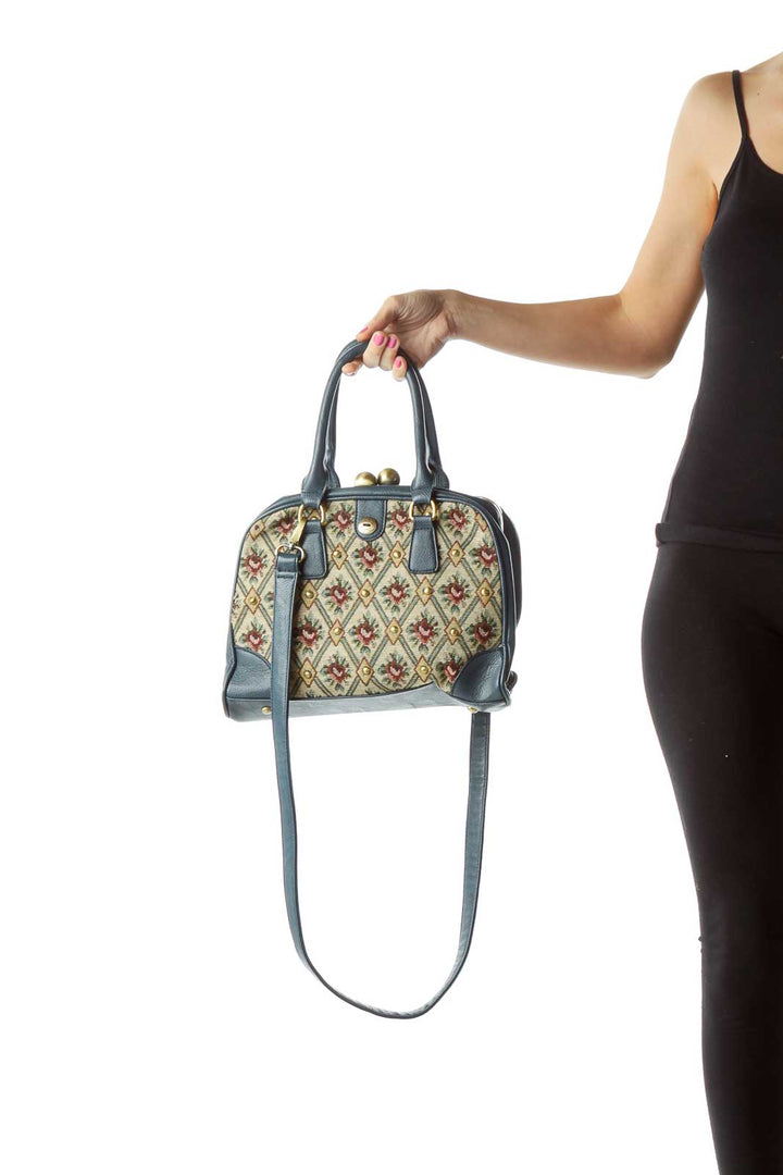 Blue Floral Woven Leather Trim Satchel