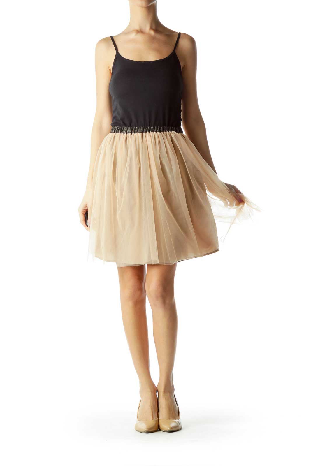 Beige Black Tool Pleated Skirt