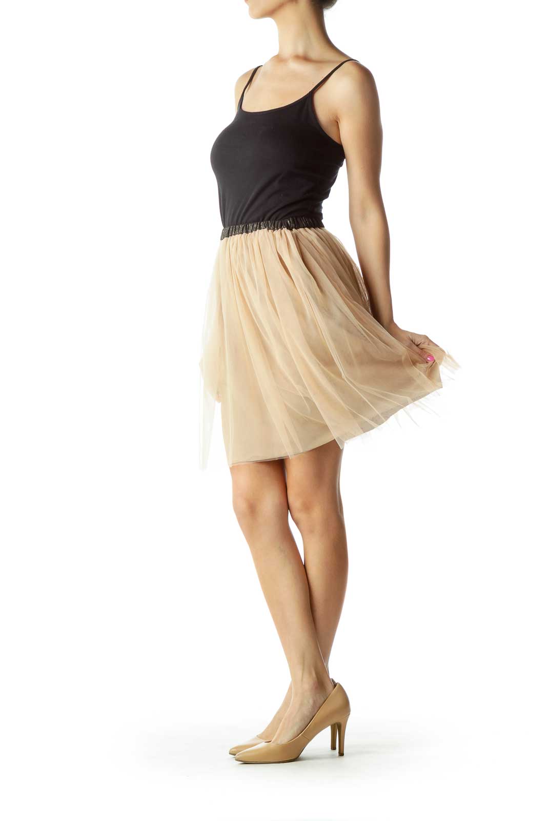 Beige Black Tool Pleated Skirt