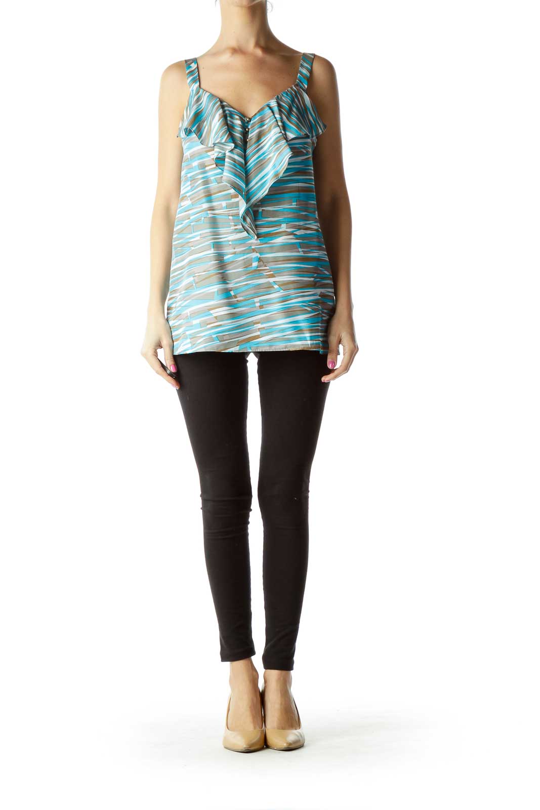 Blue Stripe Print Ruffled Silk Top