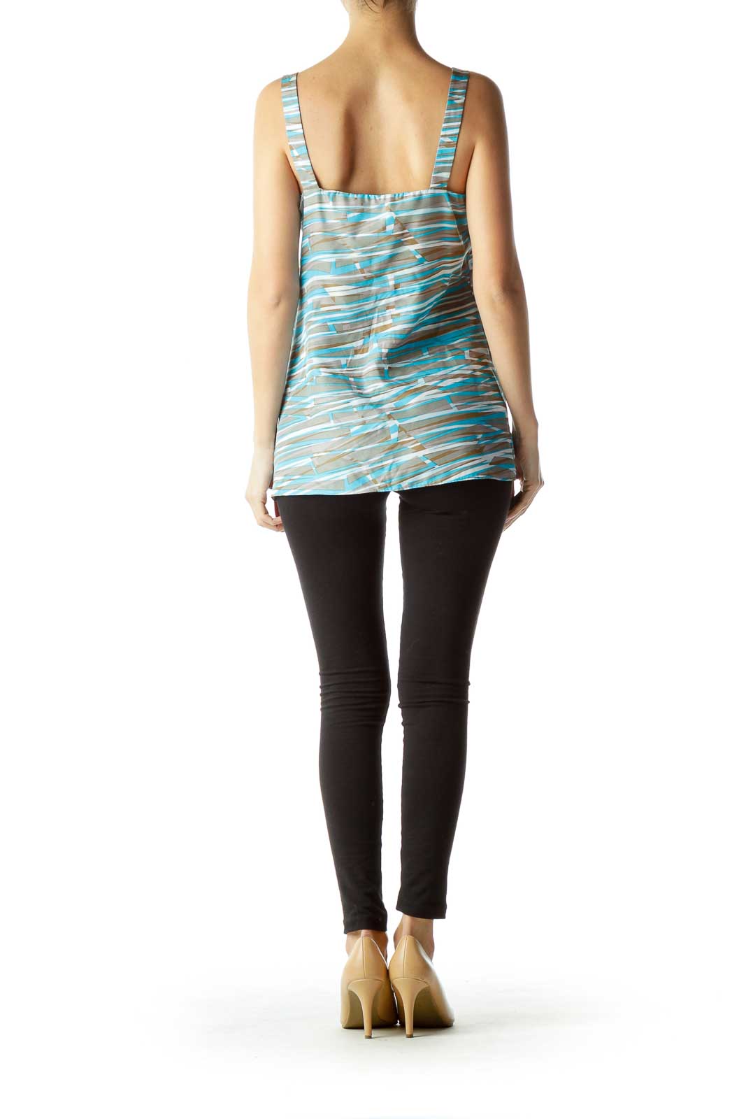 Blue Stripe Print Ruffled Silk Top