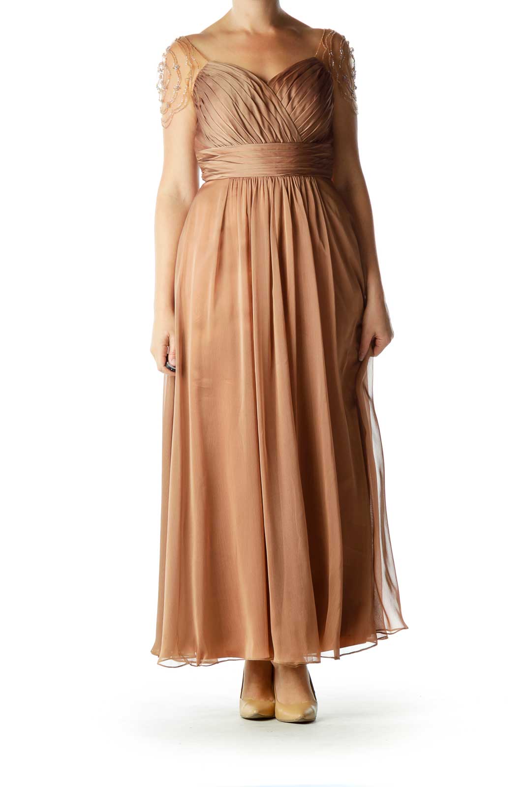 Brown BeadedSweetheart Neck Evening Dress