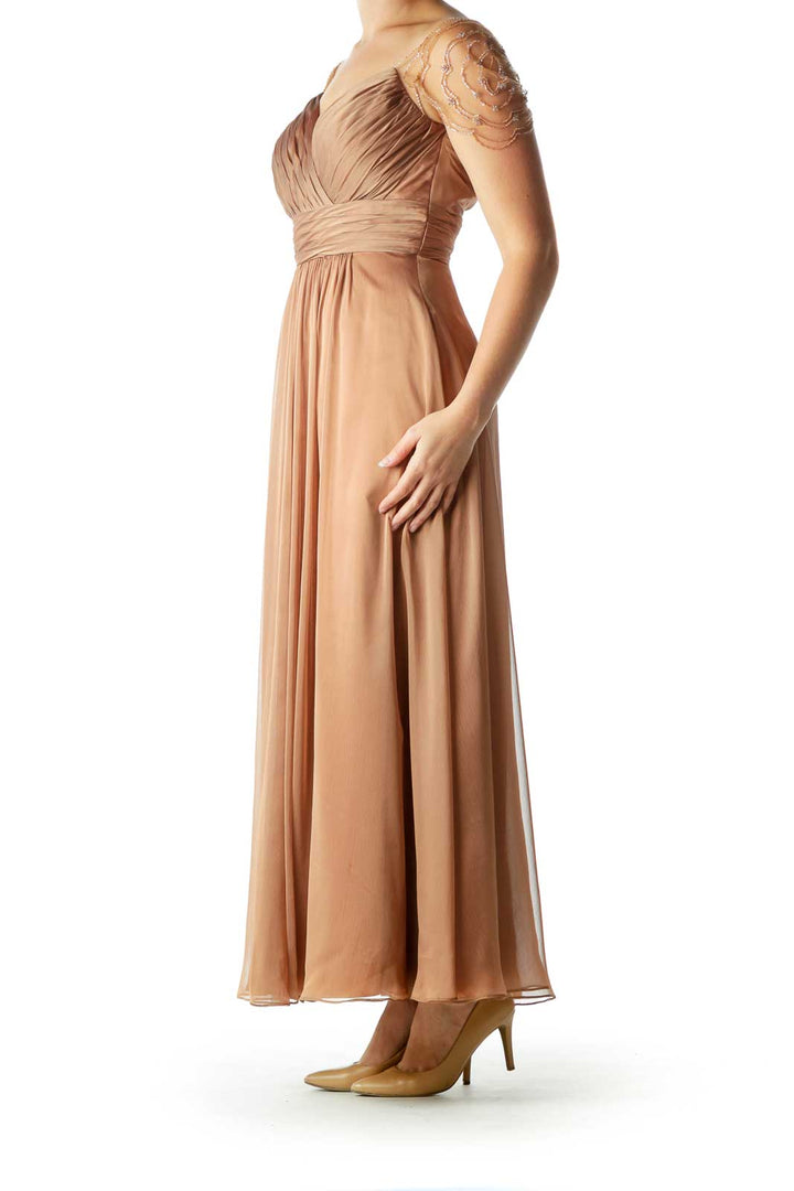 Brown BeadedSweetheart Neck Evening Dress