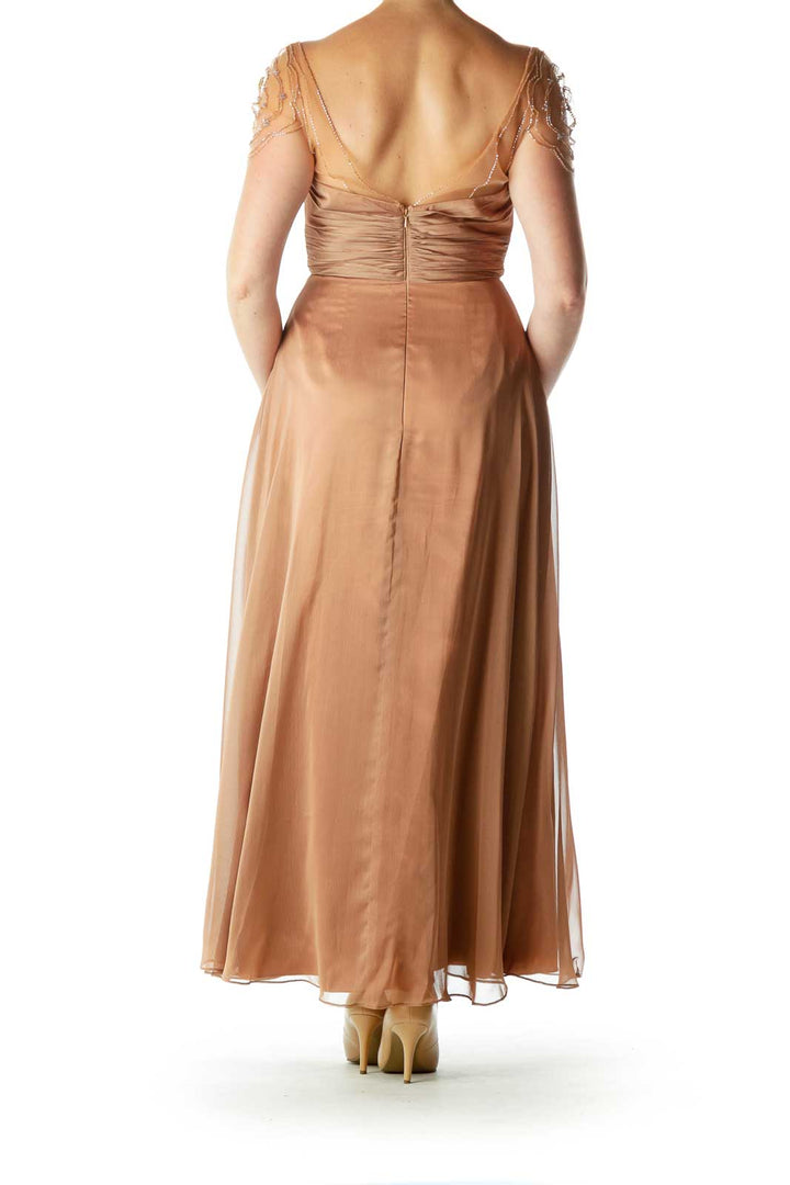 Brown BeadedSweetheart Neck Evening Dress