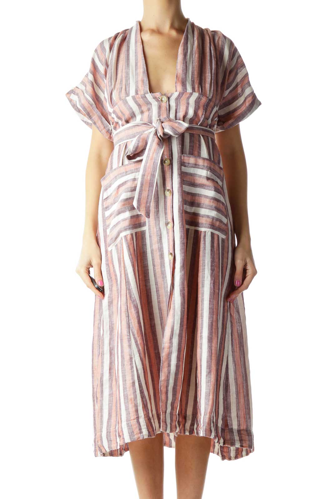 Front view of Free People pink striped button-down midi dress with tie waist