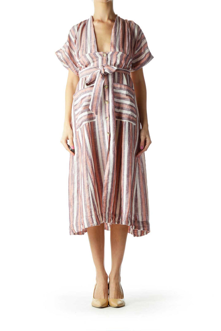 Front view of Free People pink striped button-down midi dress with tie waist