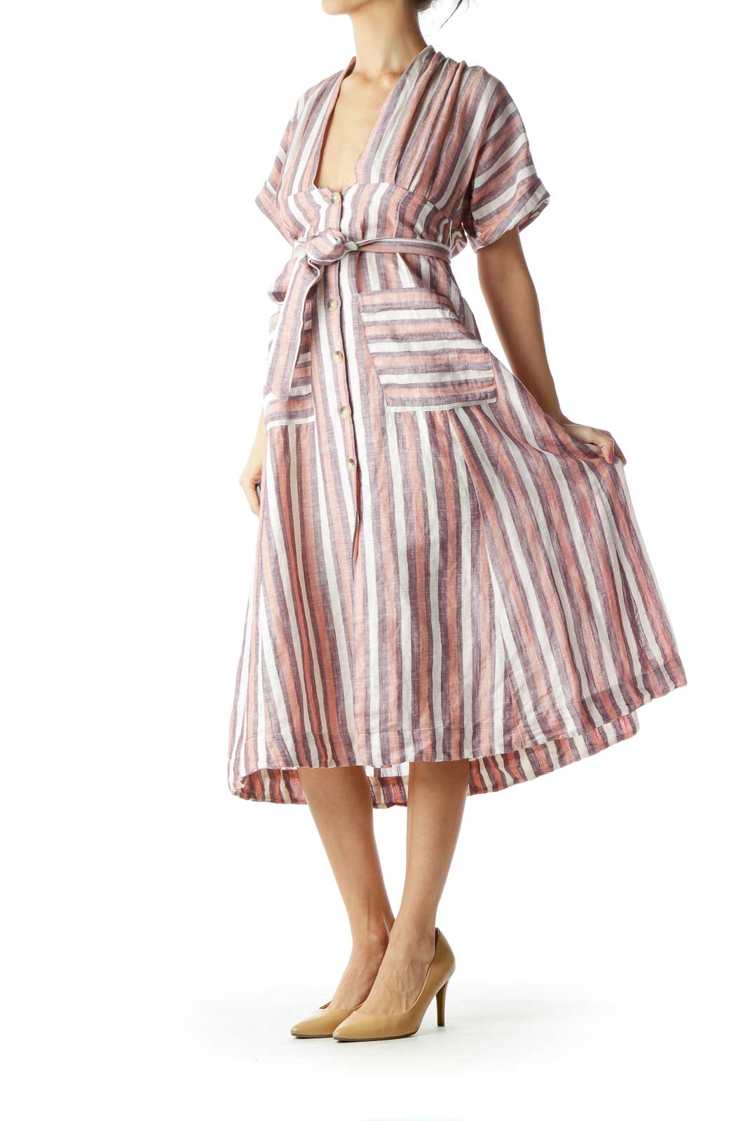 Front view of Free People pink striped button-down midi dress with tie waist