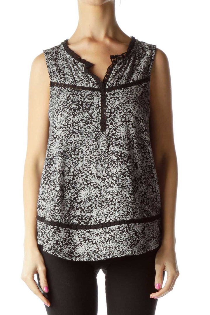 White Black Printed Sleeveless Blouse