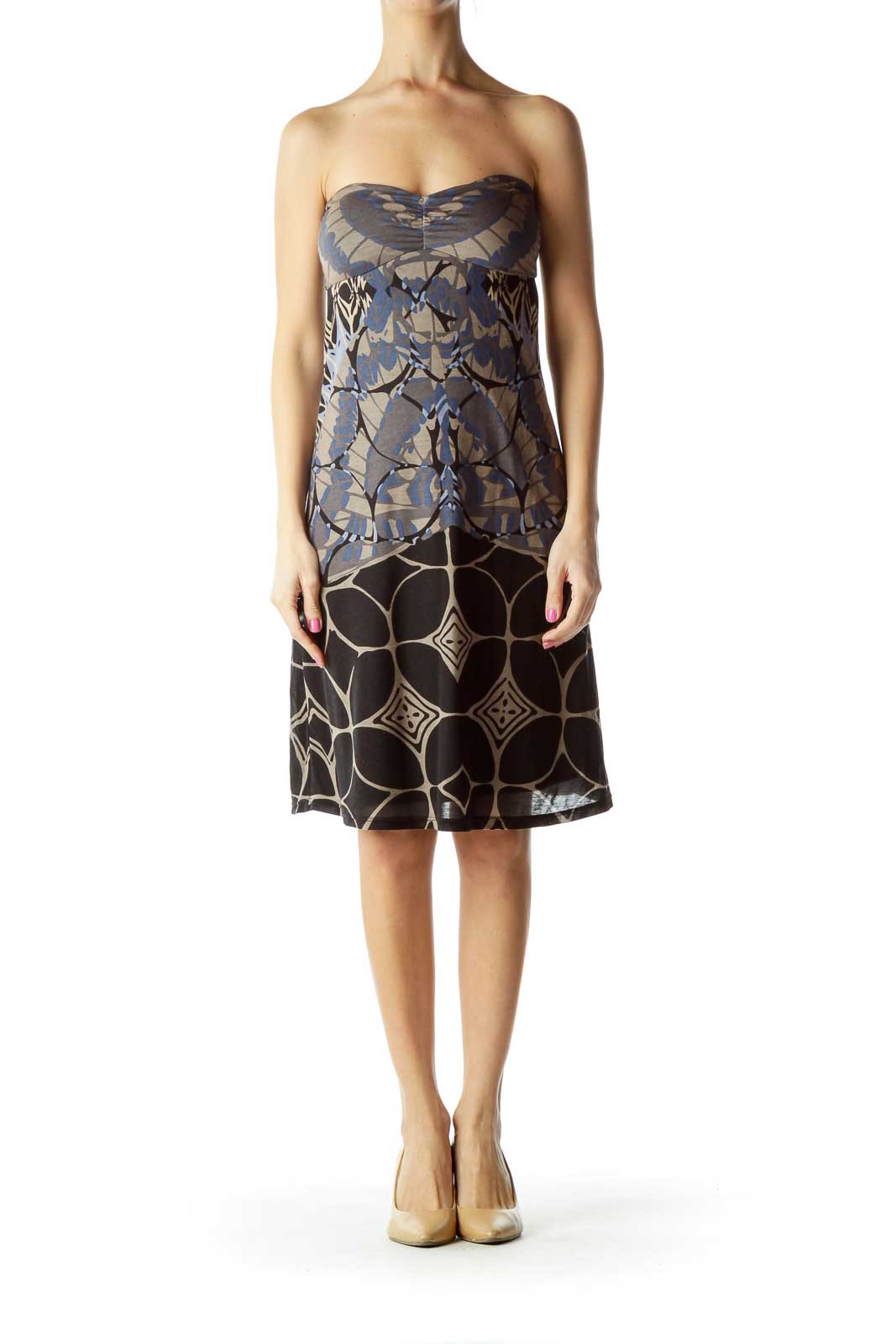 Front view of Free People strapless dress with blue geometric bodice and black circular skirt