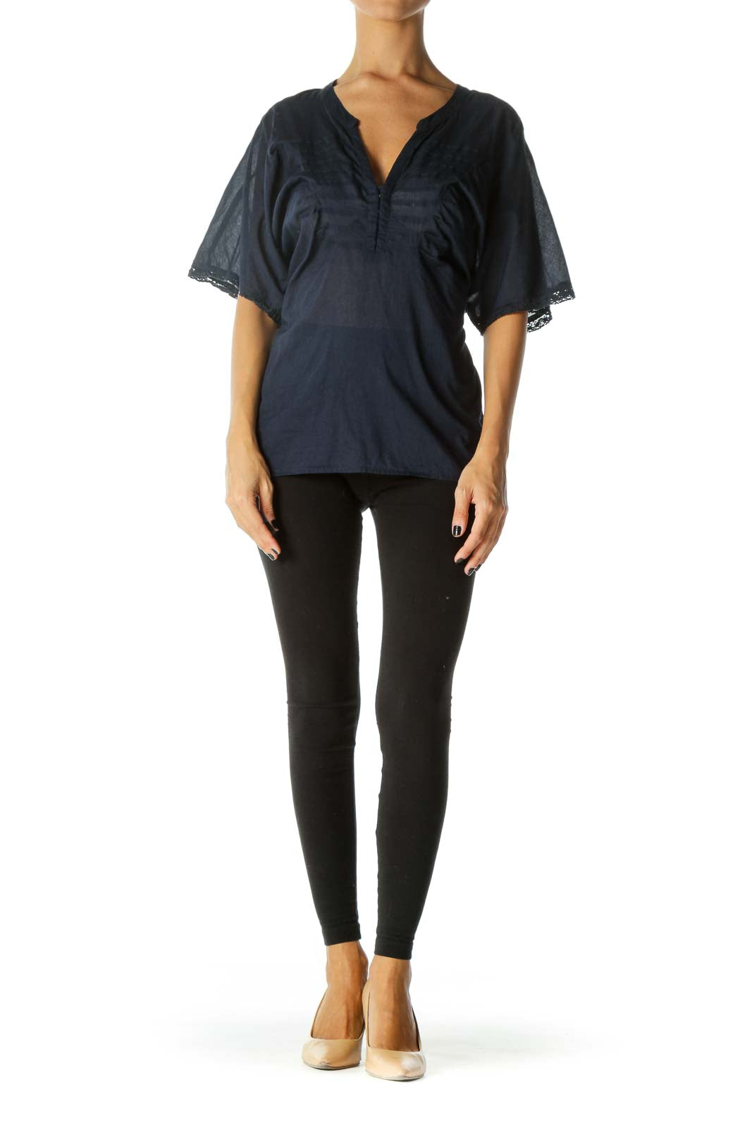 Front view of Free People navy blouse with lace-trimmed bell sleeves and V-neckline