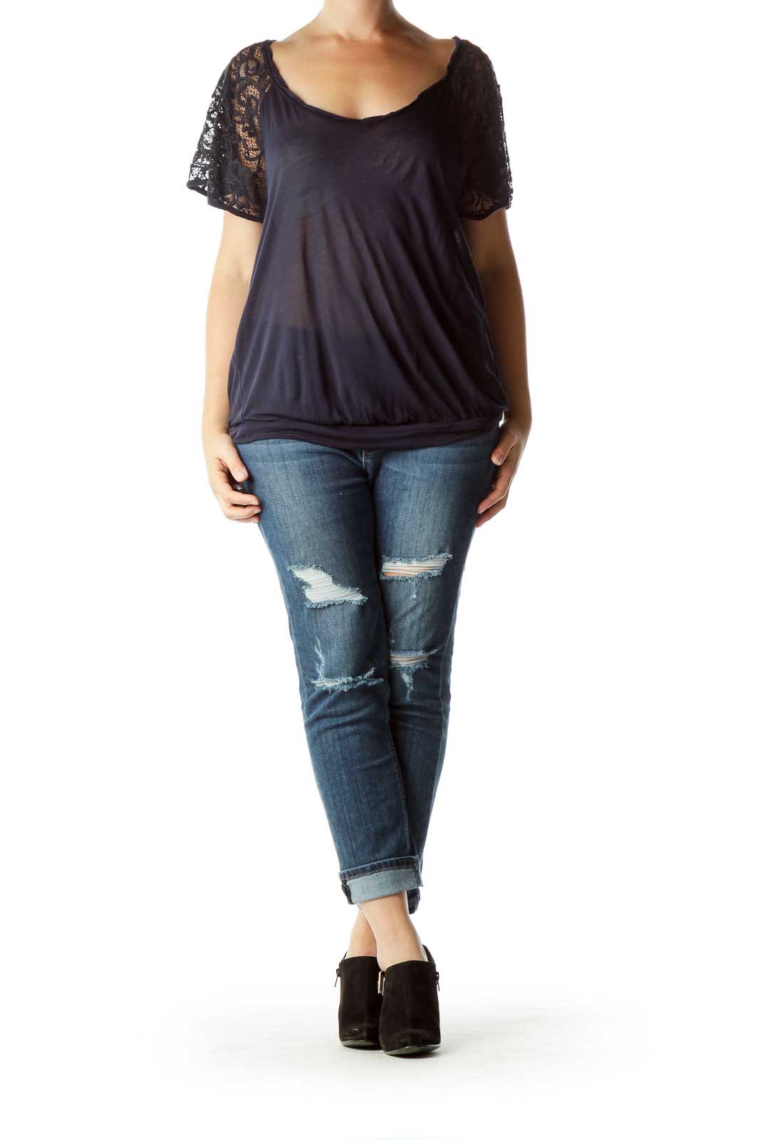 Front view of Free People navy top with lace sleeves and scoop neckline