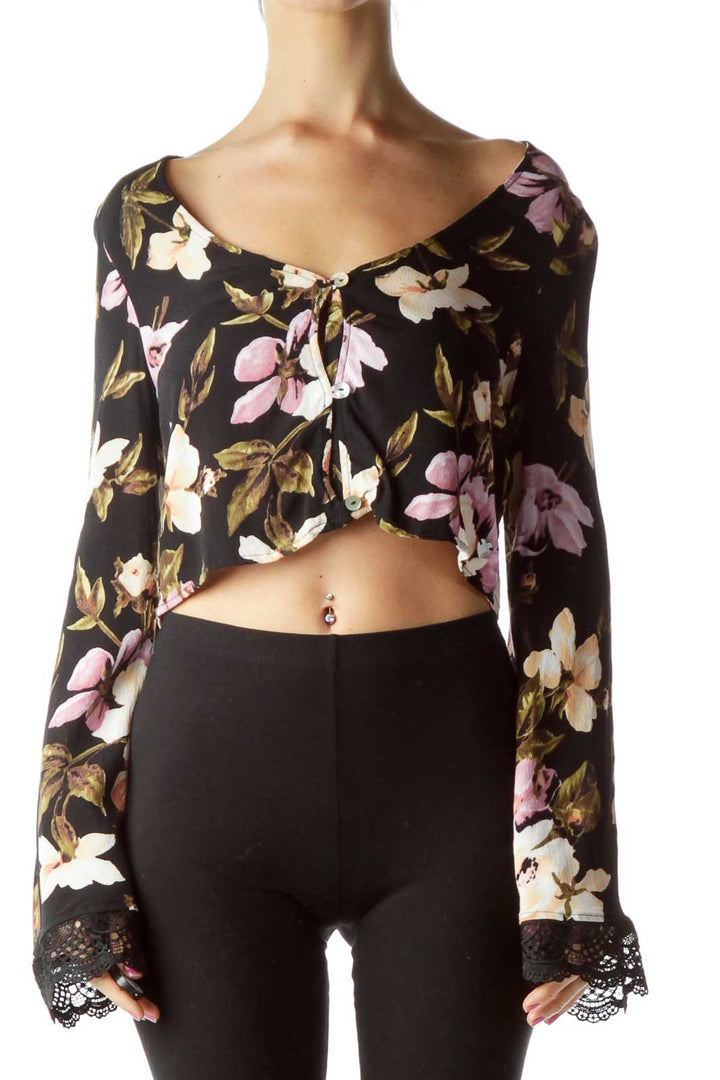 Black Pink Floral Bell-Sleeve Crop Top